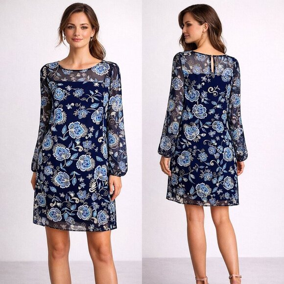 The Limited Dresses & Skirts - The Limited Navy Blue Sheer Floral Long Sleeve Shift Dress - Size 10